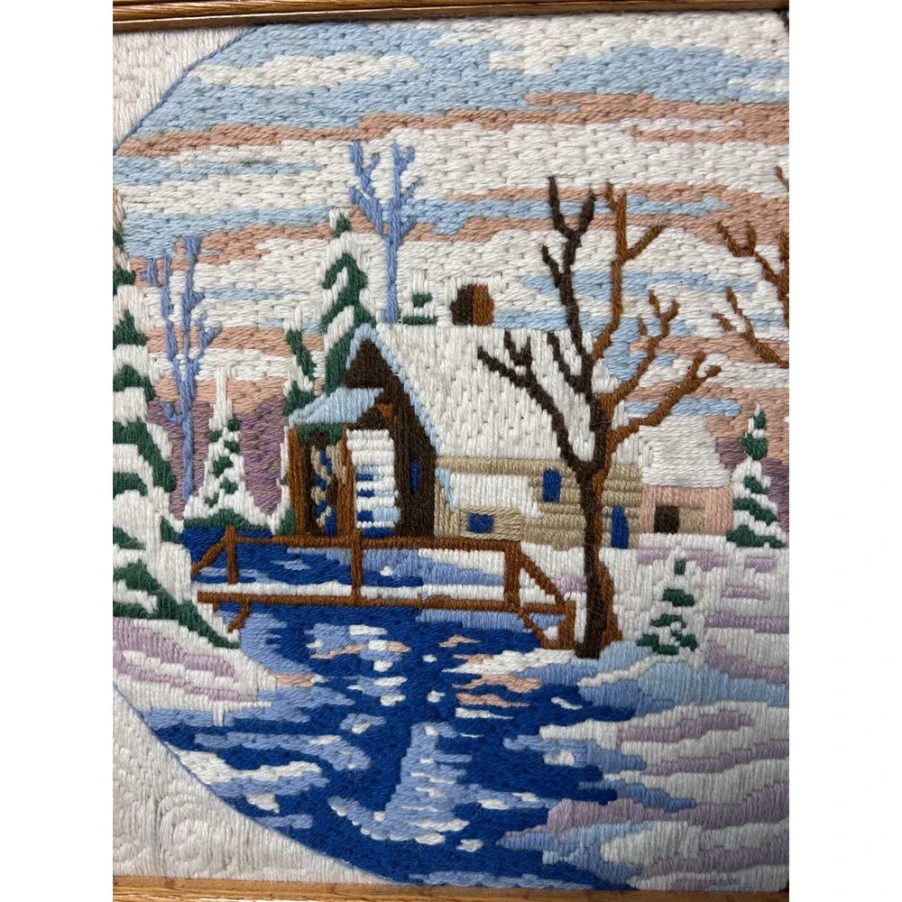 Vintage Crewel Yarn Embroidered Winter Scene‎ Cabin River Framed Wall Art 20x15